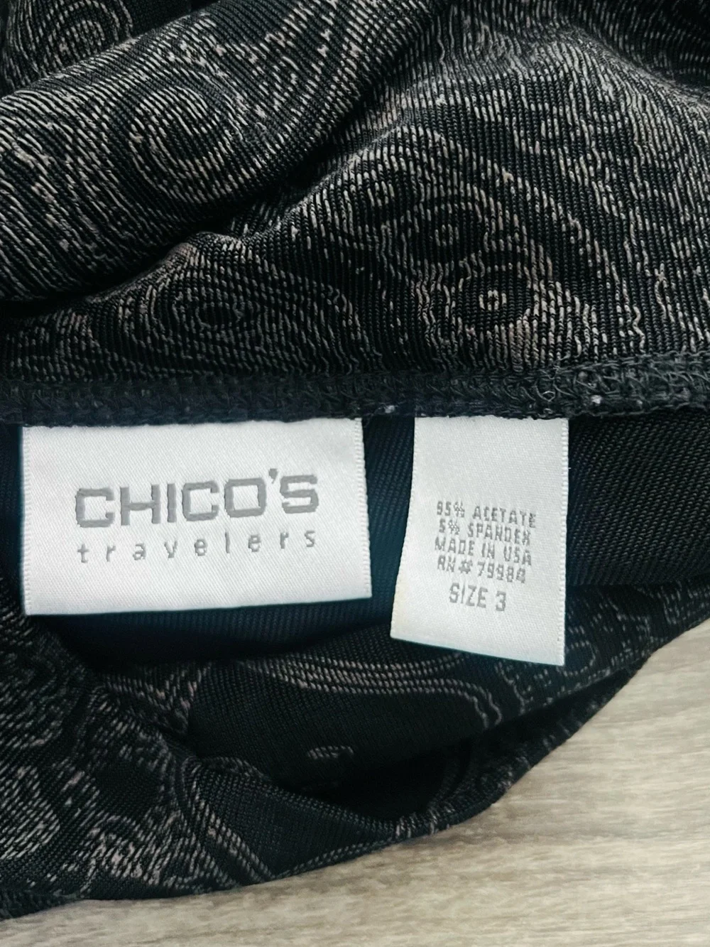Chicos Travelers Top Sz 3~XL Black Brown Paisley Slinky Knit Career Turtleneck